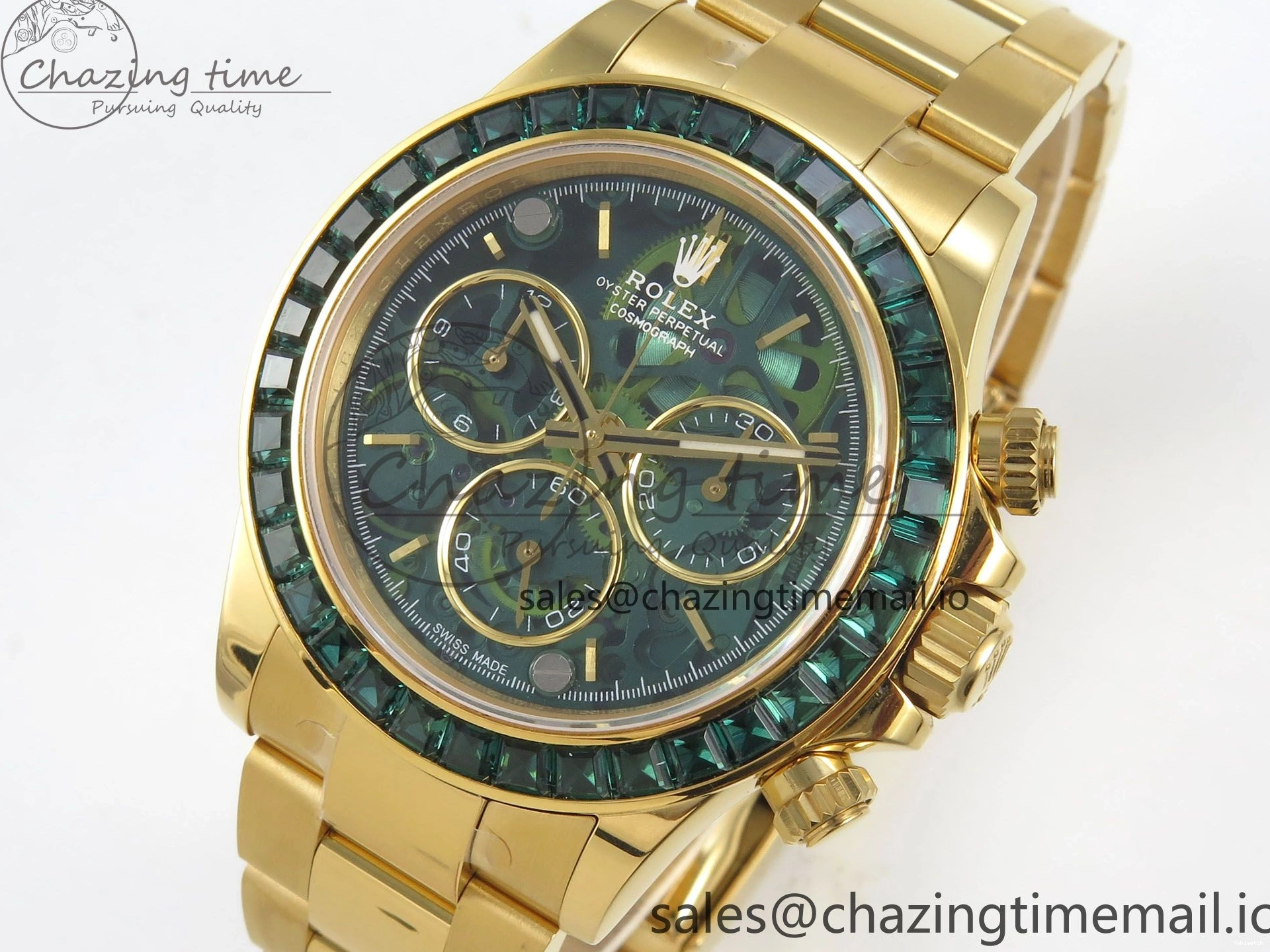 Bezel YG Crystals MPF SA4801 Skeleton Bracelet Custom 40mm Modded Green Dial Daytona on 0427